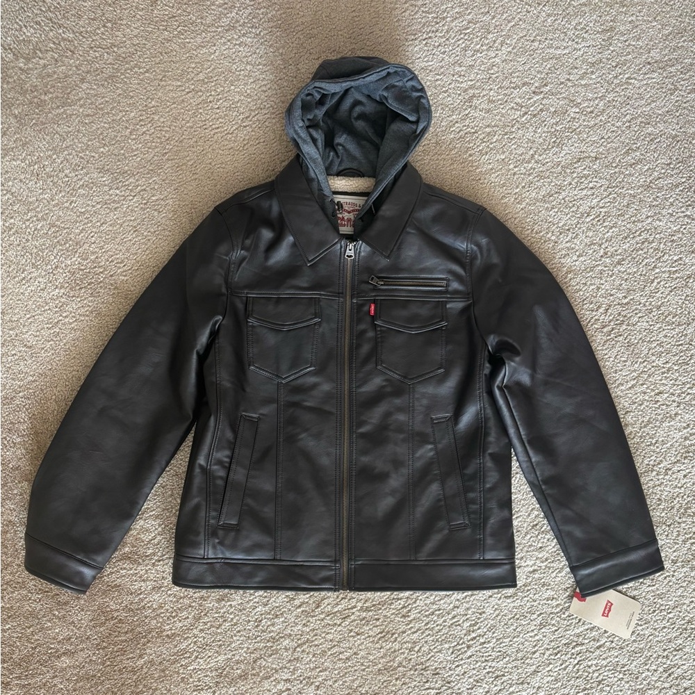 Levi's Faux-Leather Trucker with Jersey Hood & Fleece Lining Dark Brown Mens M - Picture 2 of 8